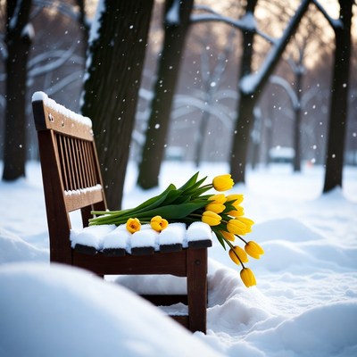 Snowy bench with yellow tulips