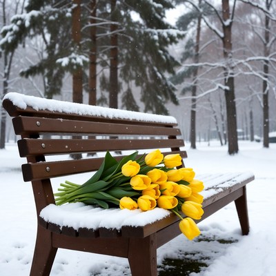 Snowy bench with yellow tulips on a winter day