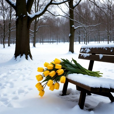 Tulips on a snowy bench in winter