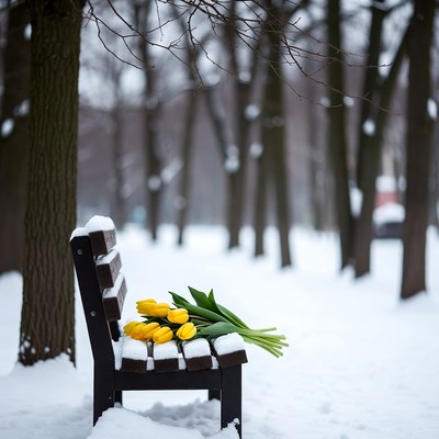 Flowers on a snowy bench in spring
