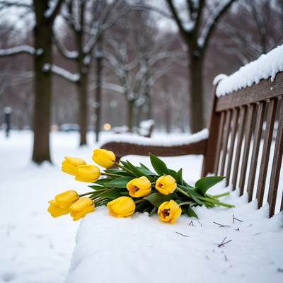 Yellow tulips on snowy bench