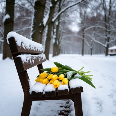 Yellow tulips on a snowy bench