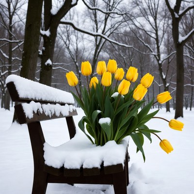 Winter scene with tulips in snow