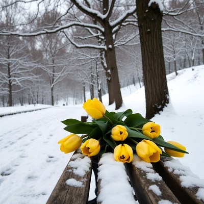 Yellow tulips on snowy bench