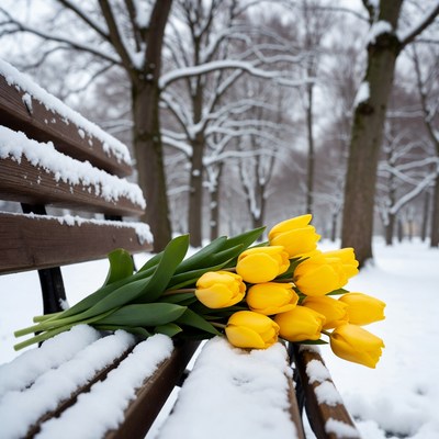 Flowers on a snow-covered bench