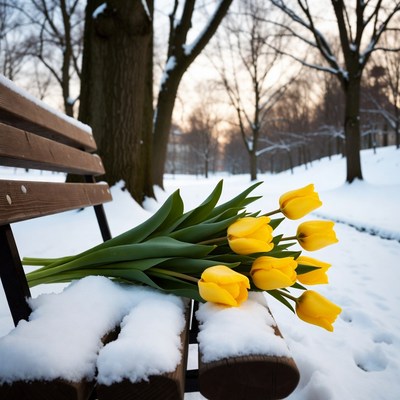 Yellow flowers on snowy bench