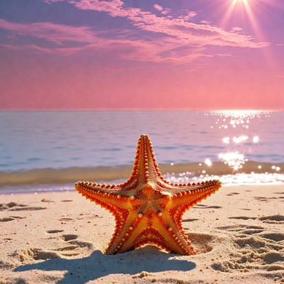 Starfish on a sandy beach at sunset