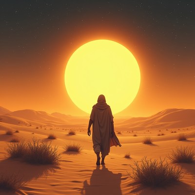 Person walking in desert at sunset