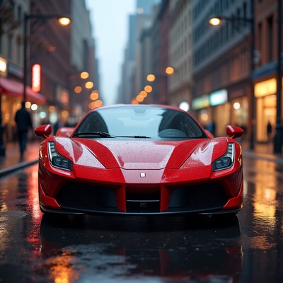 Red sports car in city rain