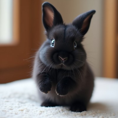 Black rabbit sitting on soft surface