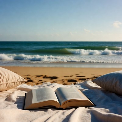 Book on beach near ocean