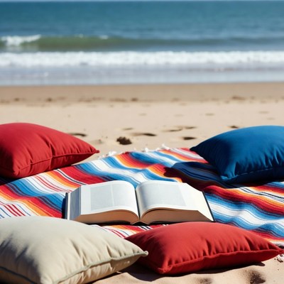 Book on beach blanket by water