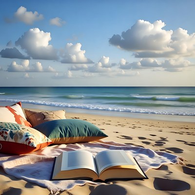 Open book on sandy beach