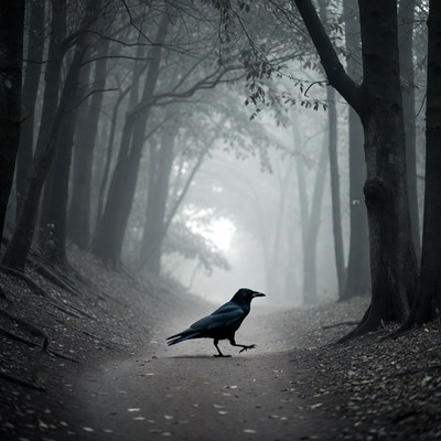 Crow walking in misty forest path