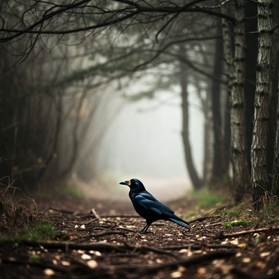 Crow in misty forest path