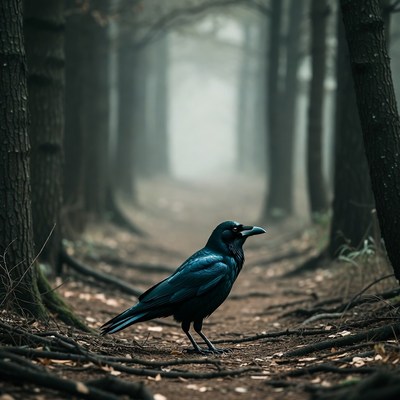 Raven on forest path in fog