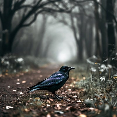 Crow walking in a foggy forest path