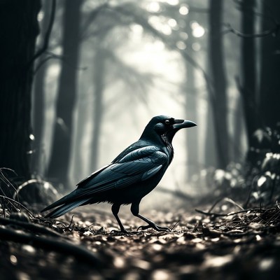 Crow walking through dark forest trails