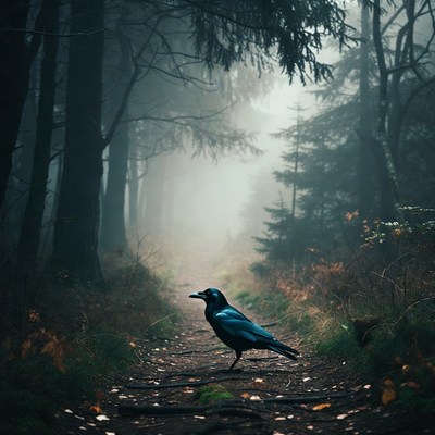 Dark forest path with crow
