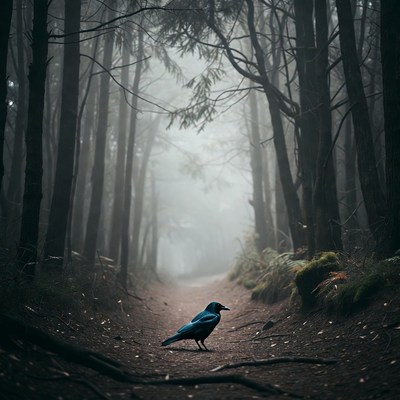 Raven on path in forest