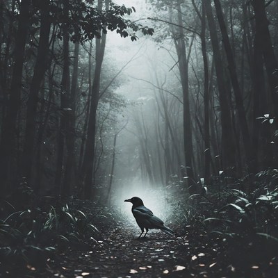 Crow in misty forest setting