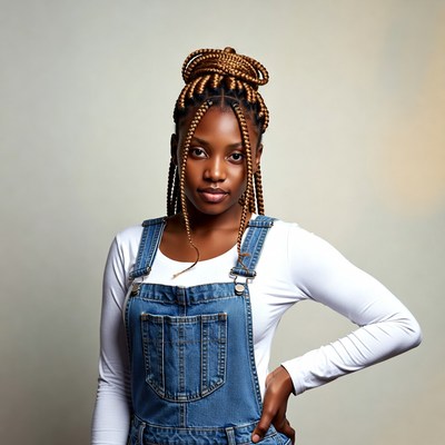 Young woman poses in denim overalls