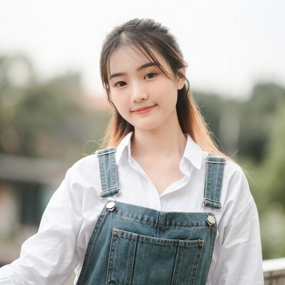 Young woman smiling outdoors in overalls