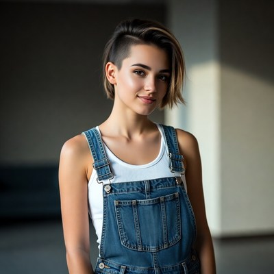 Young woman in denim overalls indoors