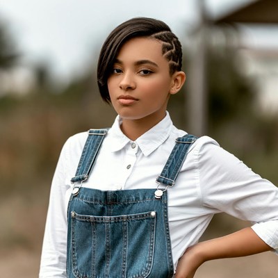 Model poses outdoors in denim outfit