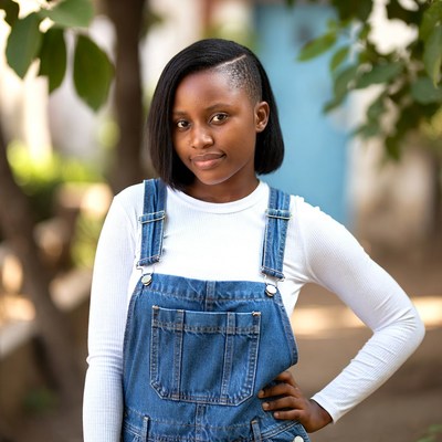 Young girl in denim overalls standing outside