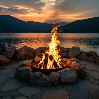 Campfire by the lake at sunset