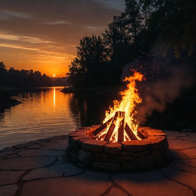 Campfire at sunset near river
