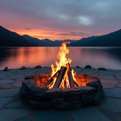 Campfire by the lake at dusk