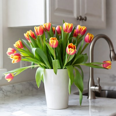 Bright tulip bouquet in kitchen