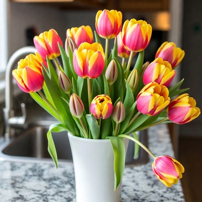 Bright tulips in kitchen vase