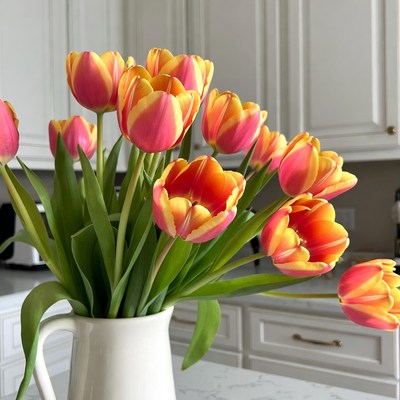 Colorful tulips in kitchen vase