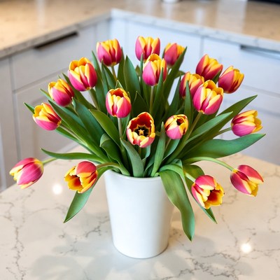 Bright tulips in a white vase on a kitchen counter