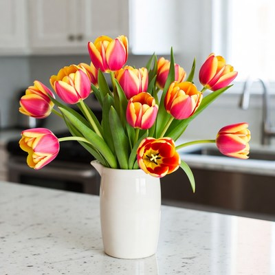 Bright tulips on a kitchen counter