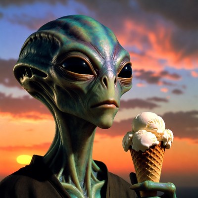 Alien enjoying ice cream at sunset
