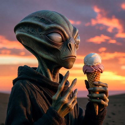 Alien enjoys ice cream at sunset