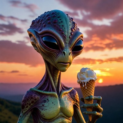 Alien enjoys ice cream at sunset