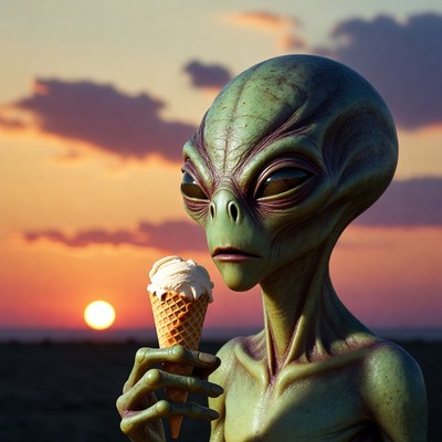 Alien enjoying ice cream at sunset