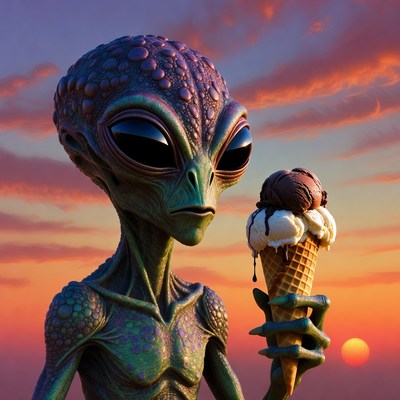 Alien enjoys ice cream at sunset