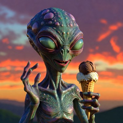 Alien enjoys ice cream at sunset