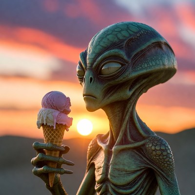 Alien enjoys ice cream at sunset
