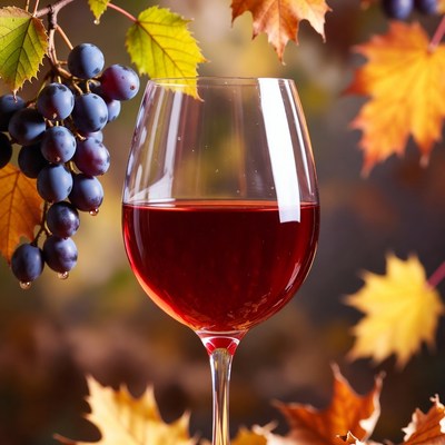 Glass of red wine with autumn leaves