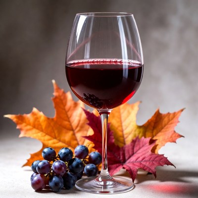 Red wine with grapes and leaves