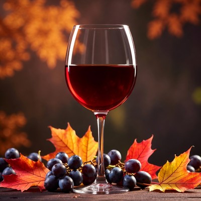 Red wine with autumn leaves and grapes