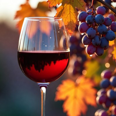 Red wine glass with grapes in autumn