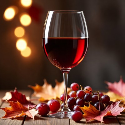 Red wine with grapes and leaves